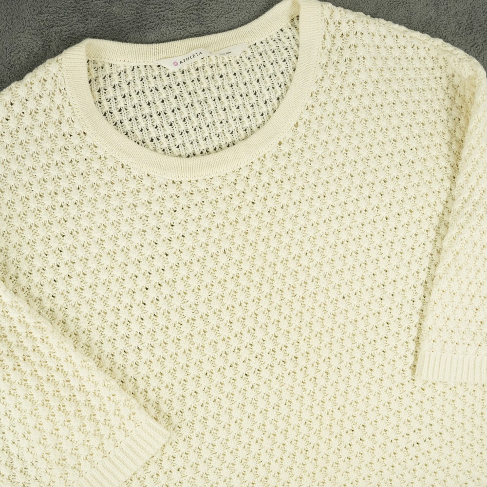 Athleta Sweater Womens Small‎ Ivory 3/4 Sleeve Cotton Linen Open Knit 596459-00